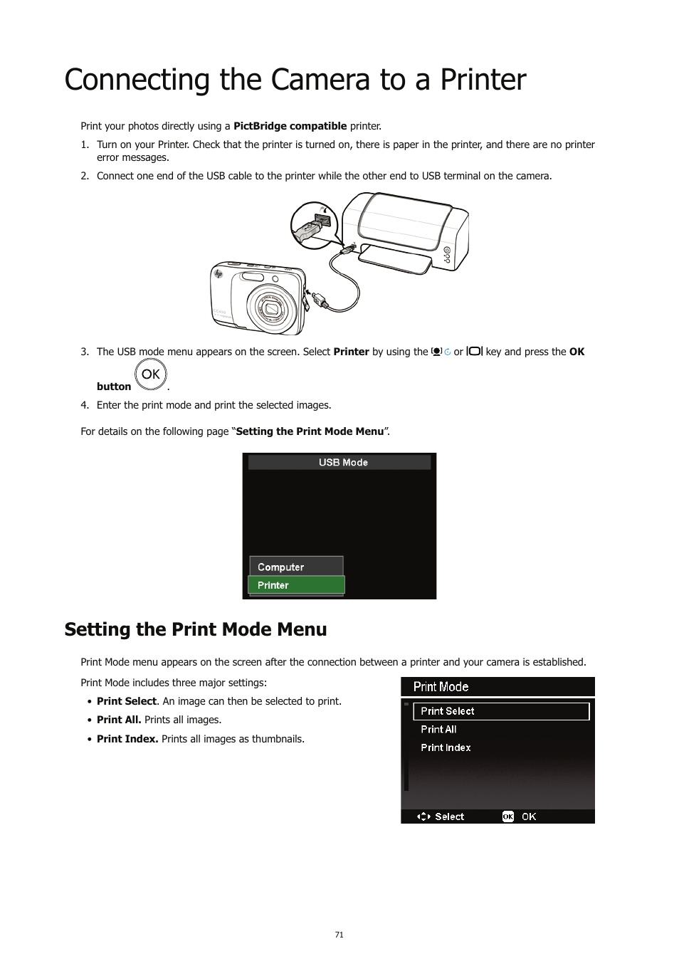 Connecting the camera to a printer, Setting the print mode menu | HP CC450 User Manual | Page 75 / 82