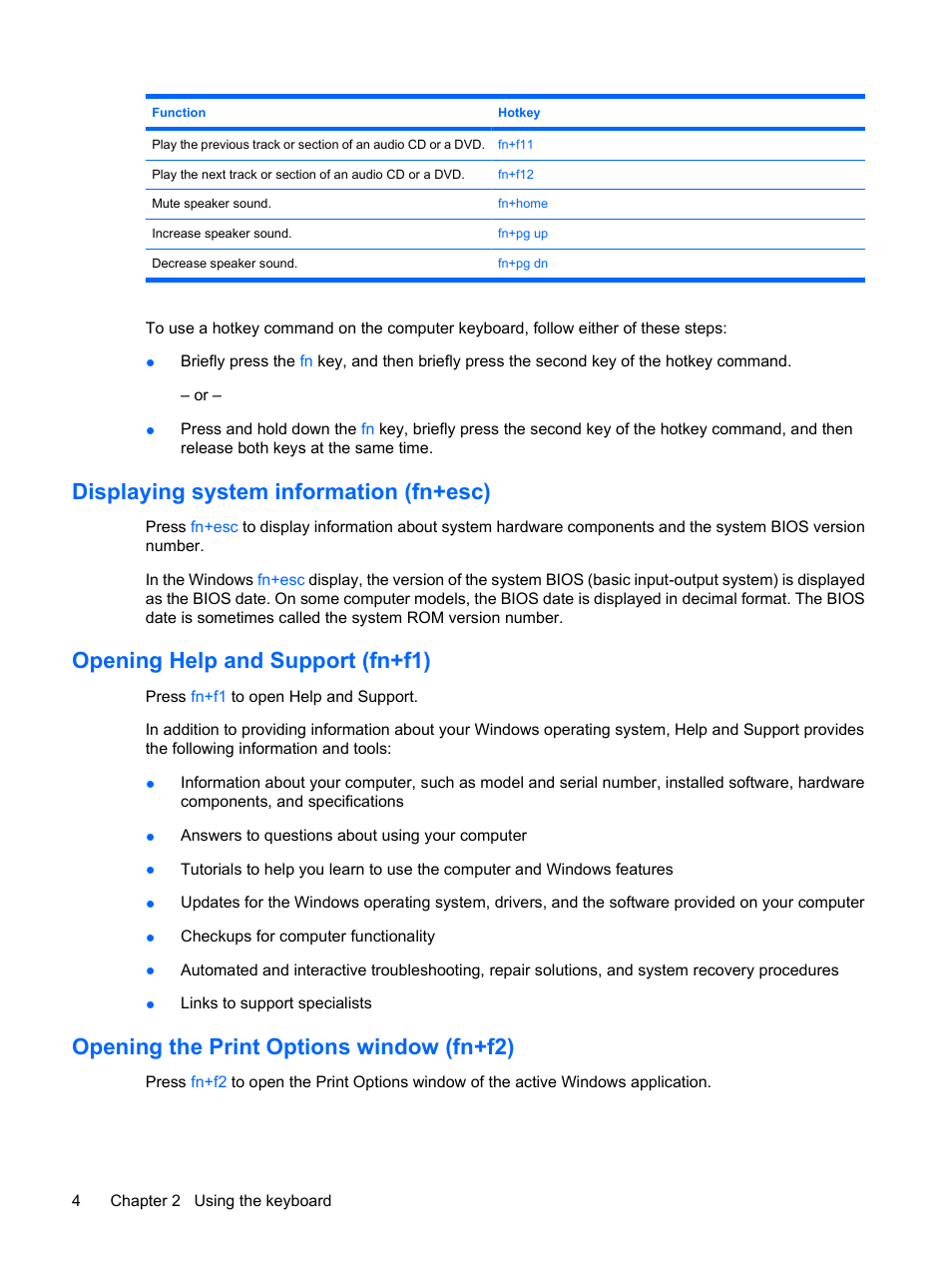 Displaying system information (fn+esc), Opening help and support (fn+f1), Opening the print options window (fn+f2) | HP F768WM User Manual | Page 10 / 18