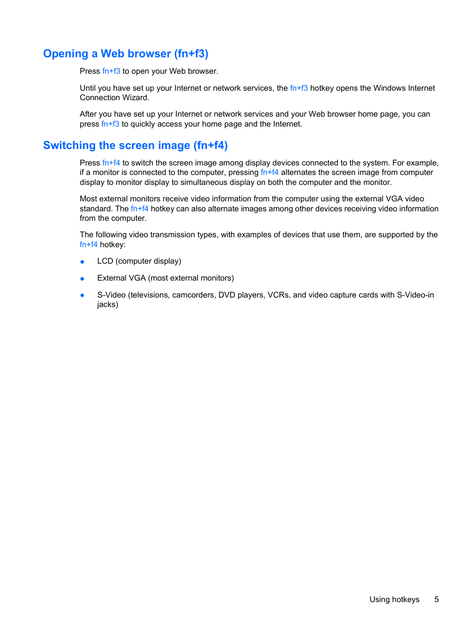 Opening a web browser (fn+f3), Switching the screen image (fn+f4) | HP F768WM User Manual | Page 11 / 18