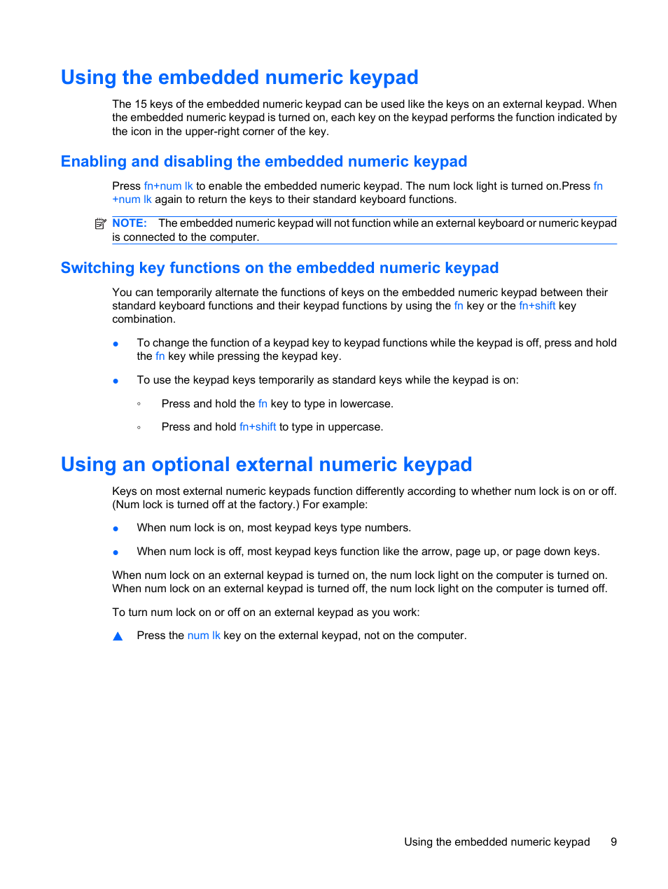 Using the embedded numeric keypad, Enabling and disabling the embedded numeric keypad, Using an optional external numeric keypad | HP F768WM User Manual | Page 15 / 18