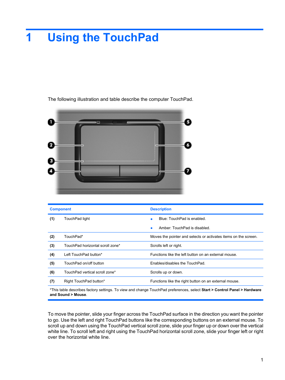 Using the touchpad, 1 using the touchpad, 1using the touchpad | HP F768WM User Manual | Page 7 / 18