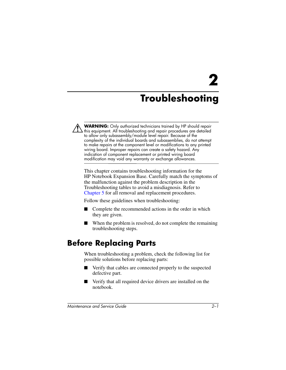 Troubleshooting, Before replacing parts, 2 troubleshooting | Before replacing parts –1 | HP EXPANSION BASE 344524-001 User Manual | Page 15 / 74