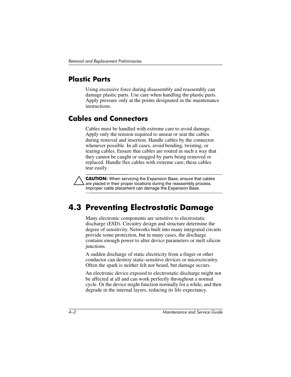 Plastic parts, Cables and connectors, Plastic parts –2 cables and connectors –2 | 3 preventing electrostatic damage –2, 3 preventing electrostatic damage | HP EXPANSION BASE 344524-001 User Manual | Page 25 / 74