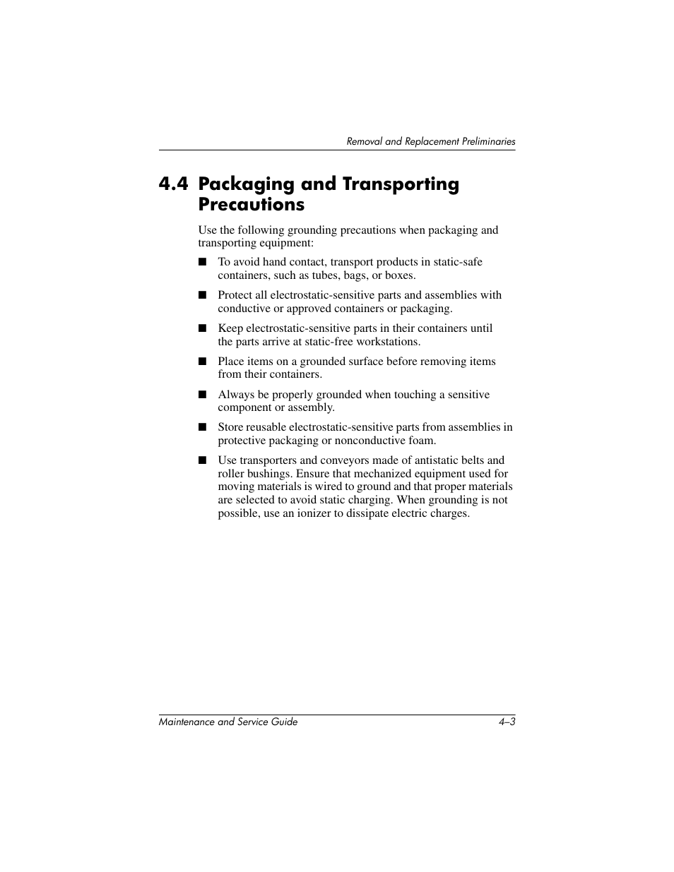 4 packaging and transporting precautions –3, 4 packaging and transporting precautions | HP EXPANSION BASE 344524-001 User Manual | Page 26 / 74