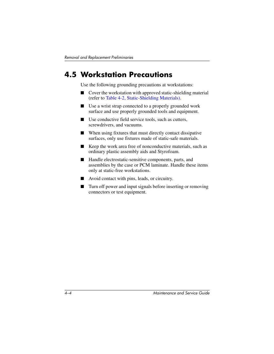 5 workstation precautions –4, 5 workstation precautions | HP EXPANSION BASE 344524-001 User Manual | Page 27 / 74