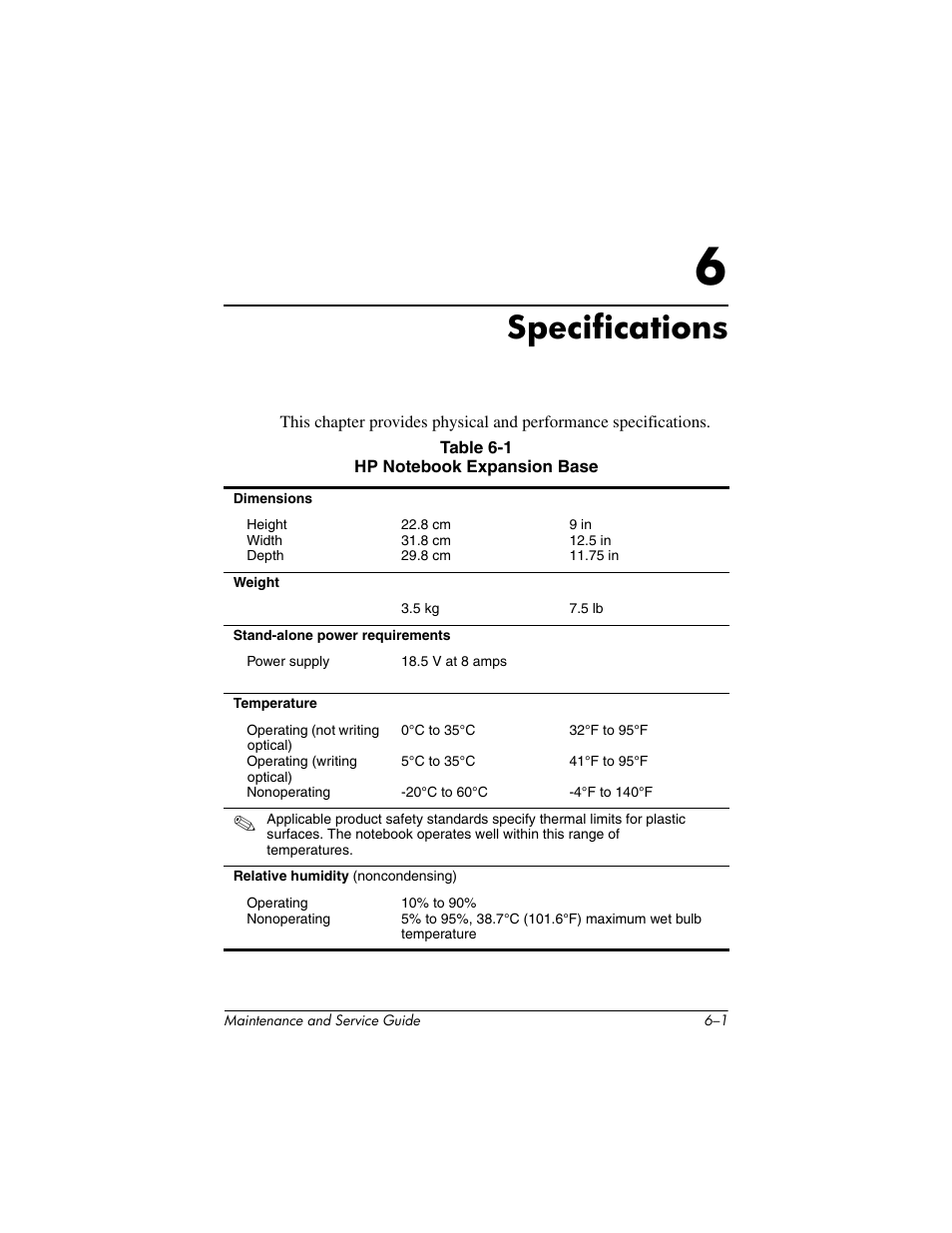 Specifications, 6 specifications | HP EXPANSION BASE 344524-001 User Manual | Page 50 / 74