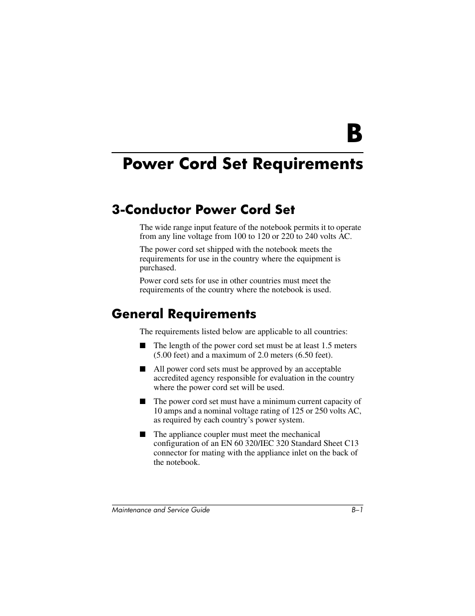 Power cord set requirements, Conductor power cord set, General requirements | B power cord set requirements | HP EXPANSION BASE 344524-001 User Manual | Page 57 / 74