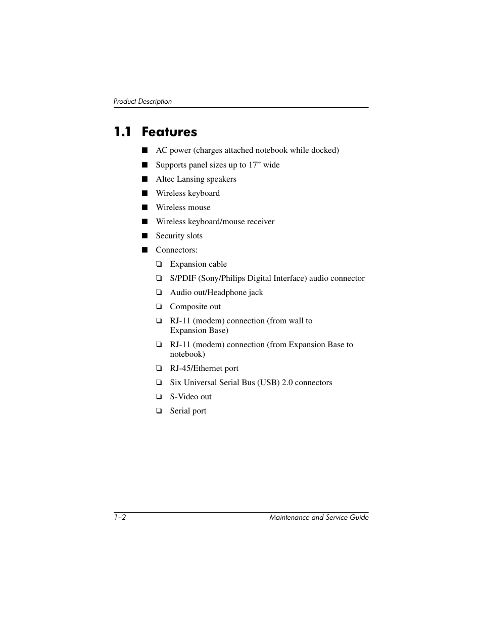 1 features –2, 1 features | HP EXPANSION BASE 344524-001 User Manual | Page 6 / 74