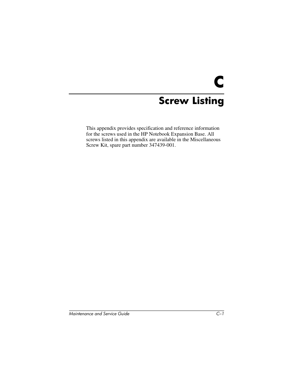 Screw listing, C screw listing | HP EXPANSION BASE 344524-001 User Manual | Page 60 / 74