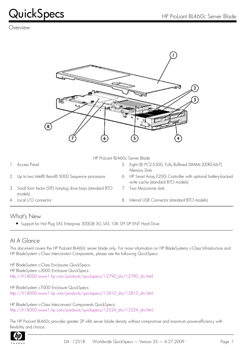 HP ProLiant Server Blade BL460c User Manual | 31 pages