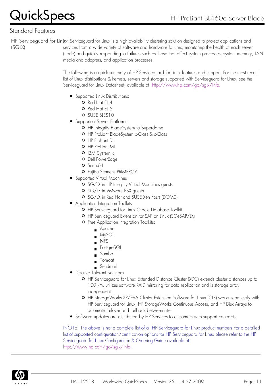 Quickspecs, Hp proliant bl460c server blade standard features | HP ProLiant Server Blade BL460c User Manual | Page 11 / 31