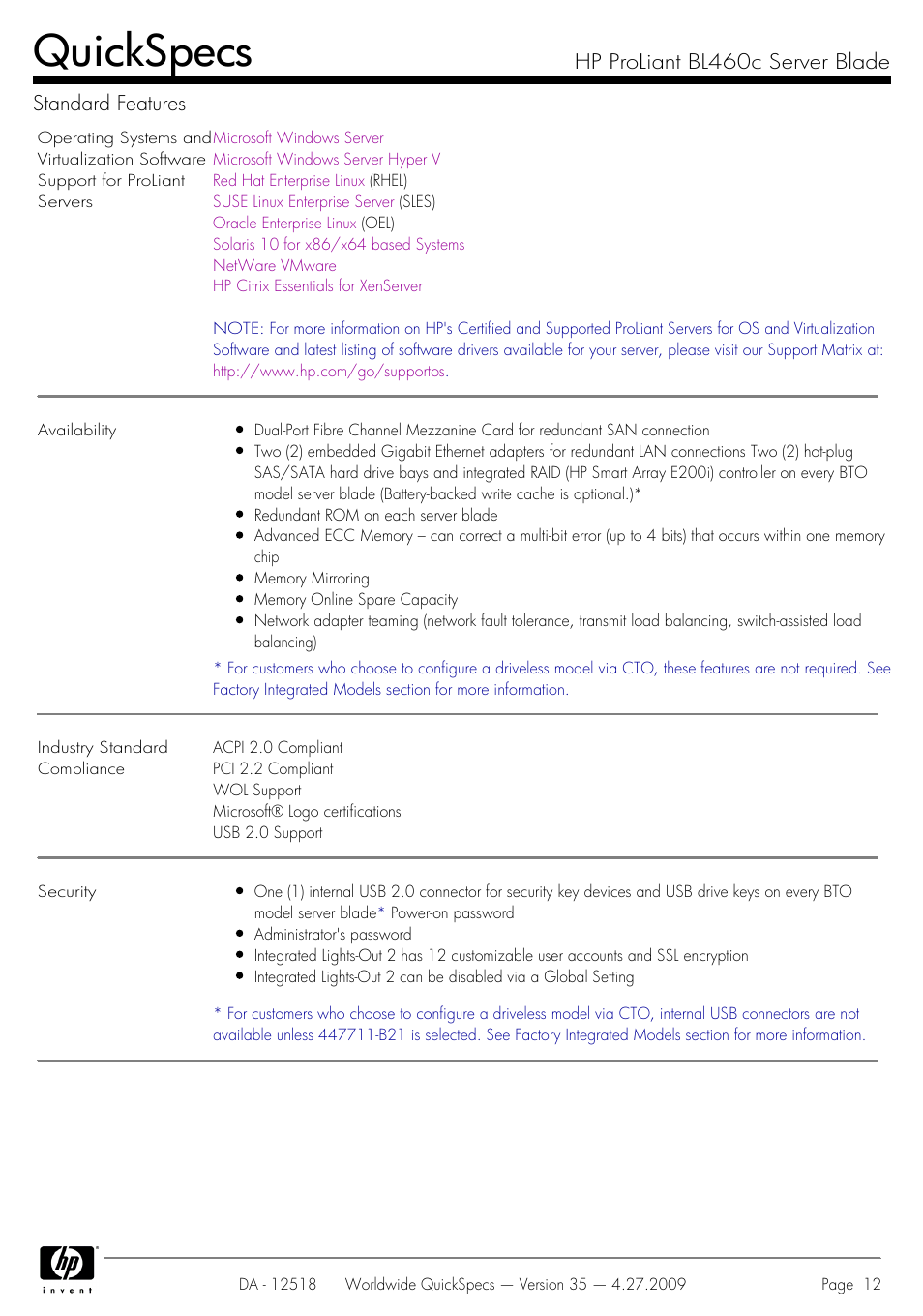 Quickspecs, Hp proliant bl460c server blade standard features | HP ProLiant Server Blade BL460c User Manual | Page 12 / 31