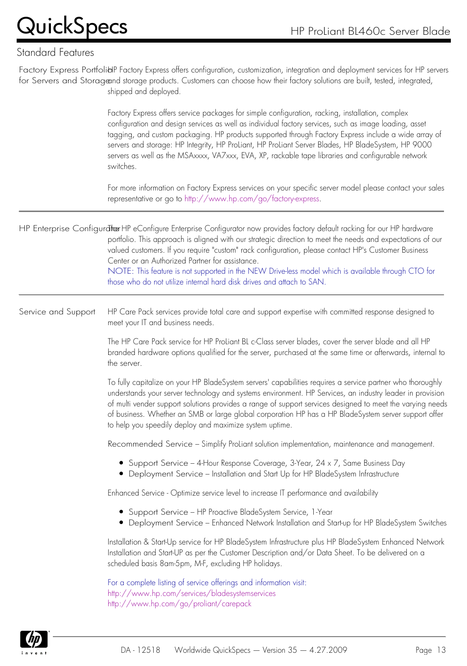 Quickspecs, Hp proliant bl460c server blade standard features | HP ProLiant Server Blade BL460c User Manual | Page 13 / 31