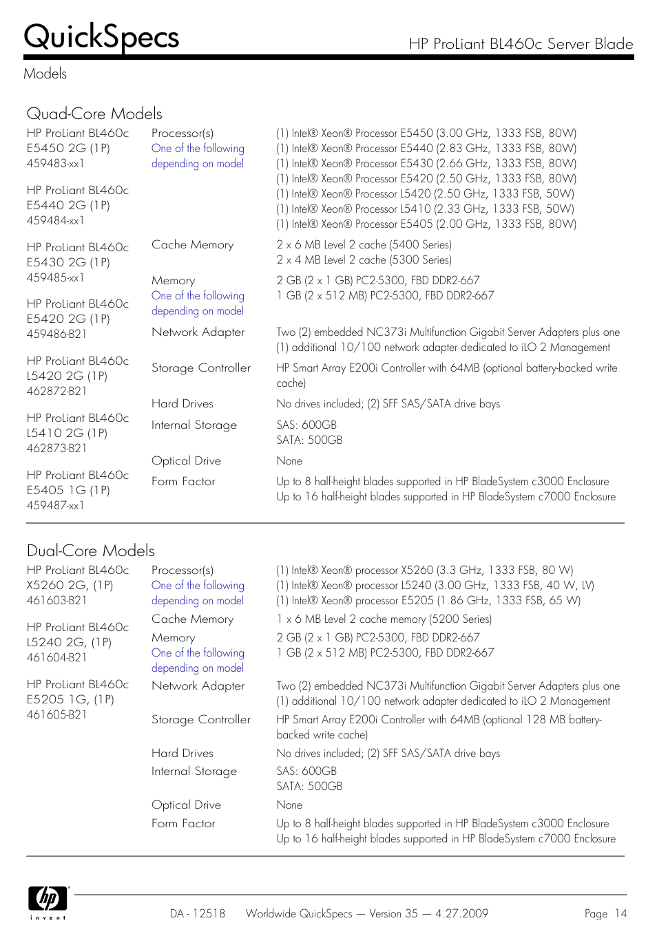 Models, Quickspecs, Quad-core models | Dual-core models, Hp proliant bl460c server blade models | HP ProLiant Server Blade BL460c User Manual | Page 14 / 31