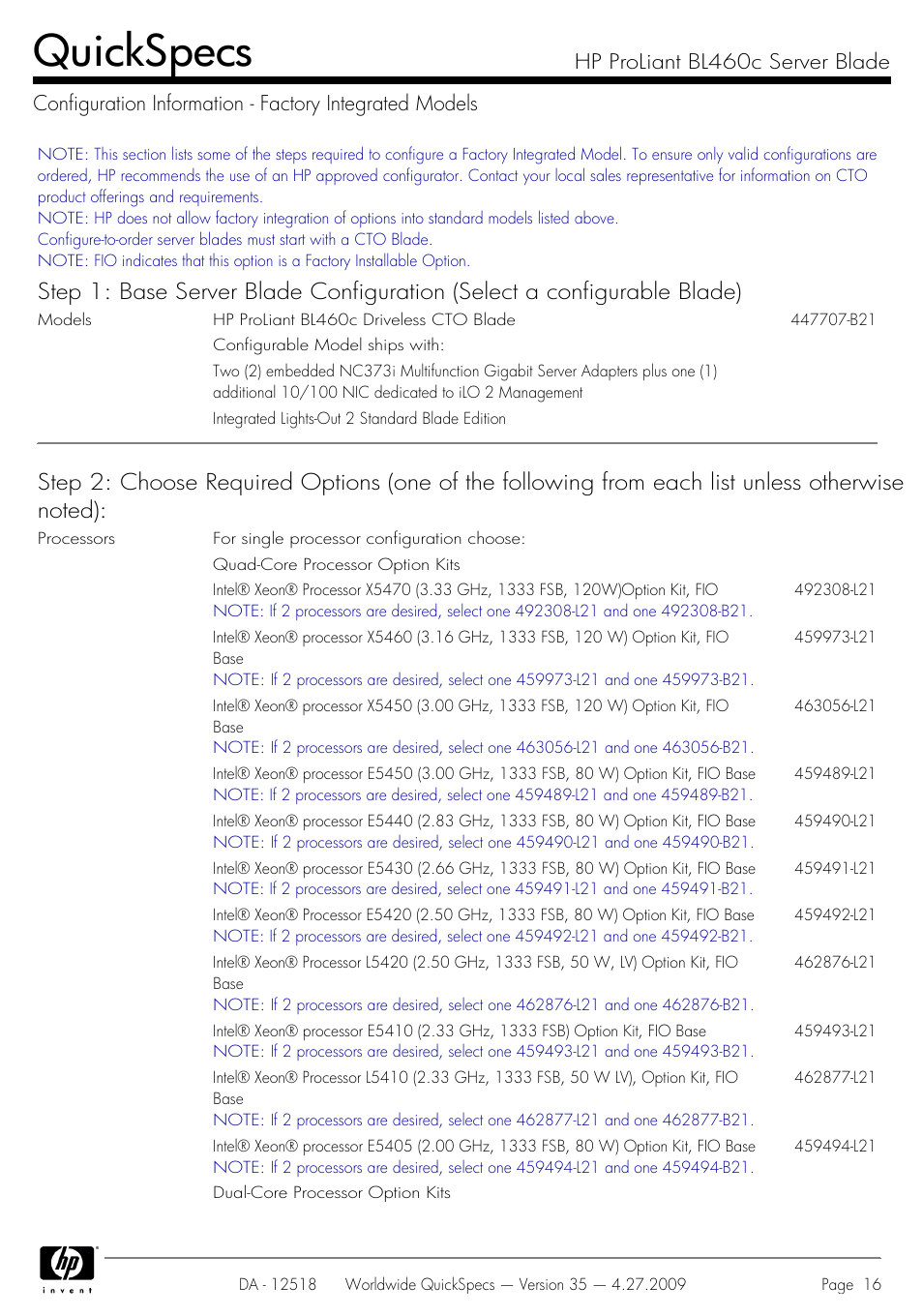 Quickspecs | HP ProLiant Server Blade BL460c User Manual | Page 16 / 31