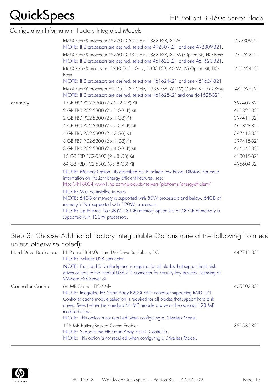 Quickspecs | HP ProLiant Server Blade BL460c User Manual | Page 17 / 31