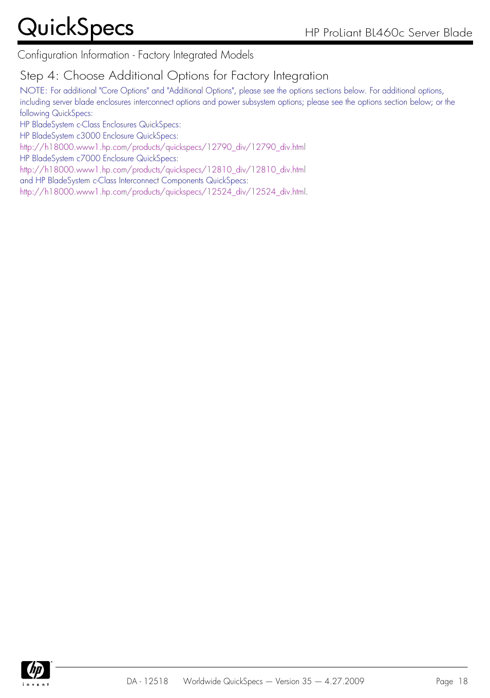 Quickspecs | HP ProLiant Server Blade BL460c User Manual | Page 18 / 31