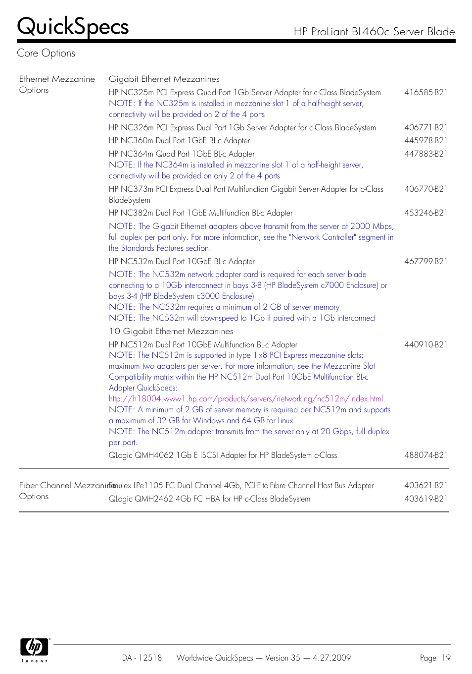 Core options, Quickspecs, Hp proliant bl460c server blade core options | HP ProLiant Server Blade BL460c User Manual | Page 19 / 31