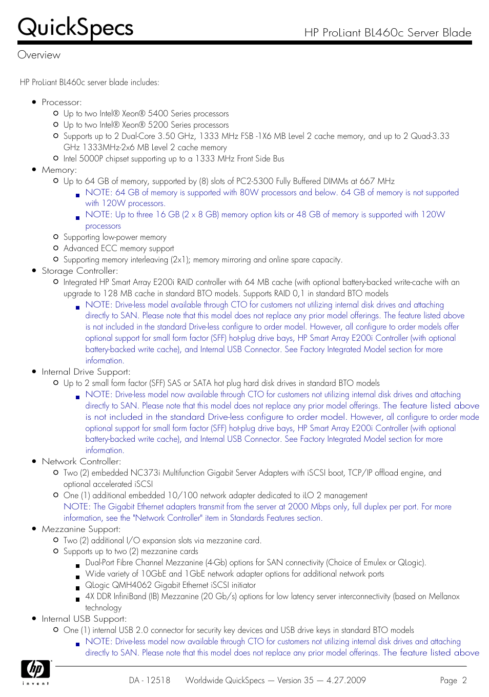 Quickspecs, Hp proliant bl460c server blade overview | HP ProLiant Server Blade BL460c User Manual | Page 2 / 31