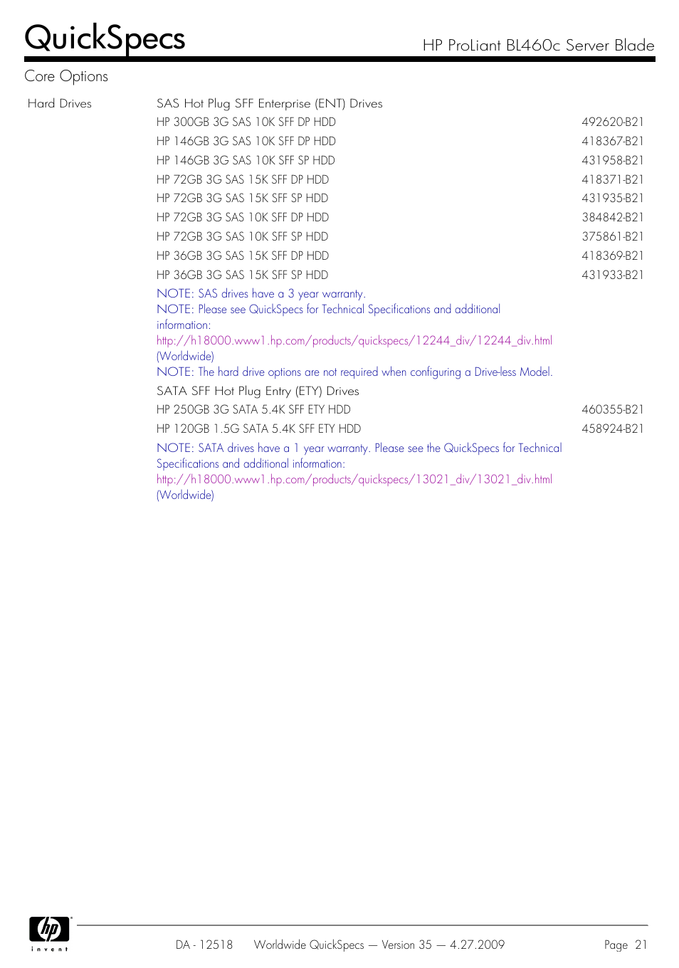 Quickspecs, Hp proliant bl460c server blade core options | HP ProLiant Server Blade BL460c User Manual | Page 21 / 31