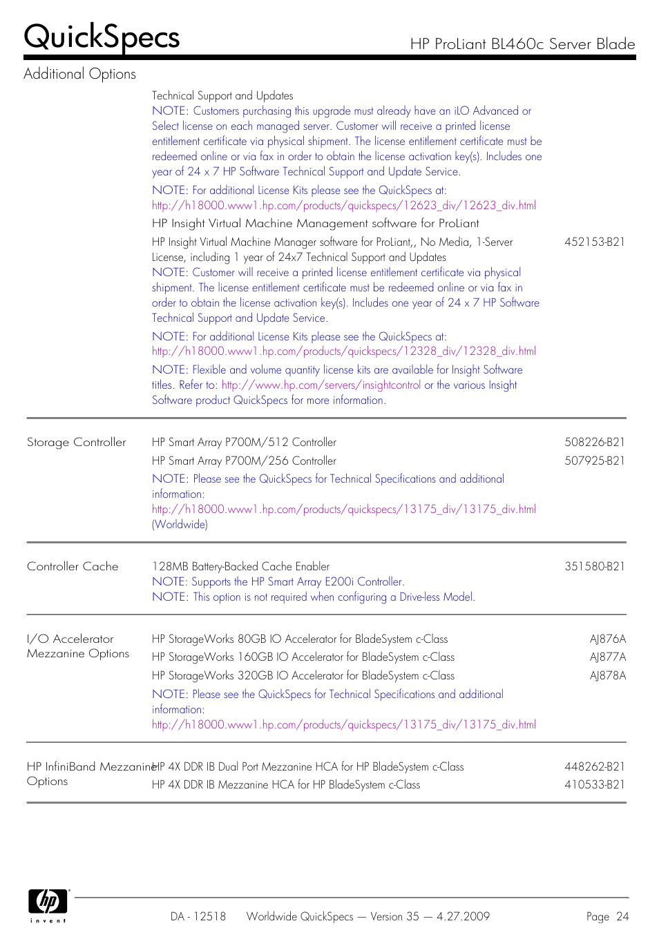 Quickspecs, Hp proliant bl460c server blade additional options | HP ProLiant Server Blade BL460c User Manual | Page 24 / 31