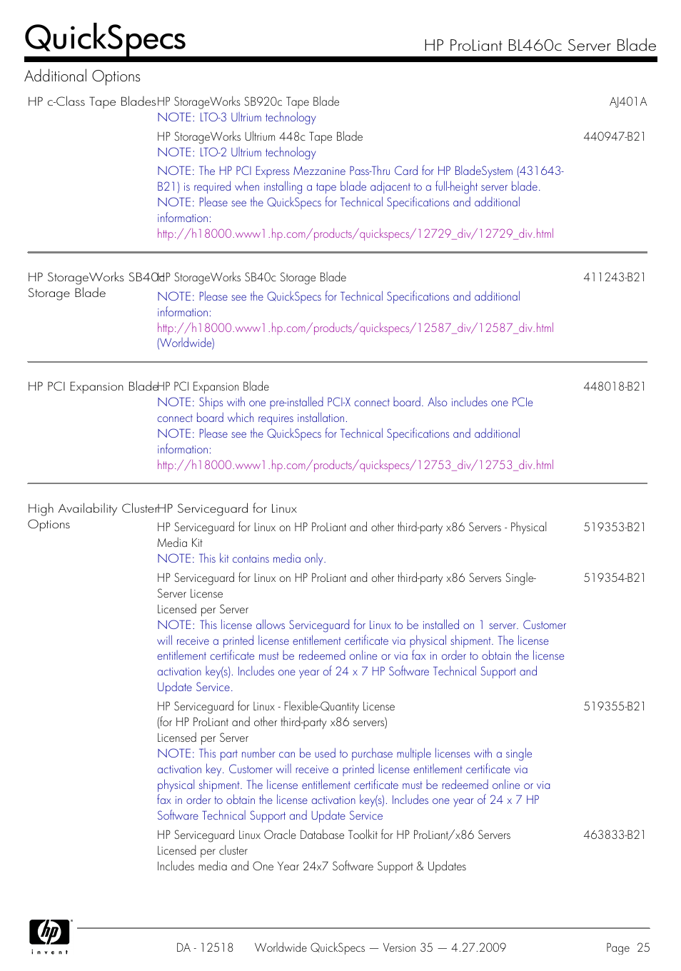 Quickspecs, Hp proliant bl460c server blade additional options | HP ProLiant Server Blade BL460c User Manual | Page 25 / 31