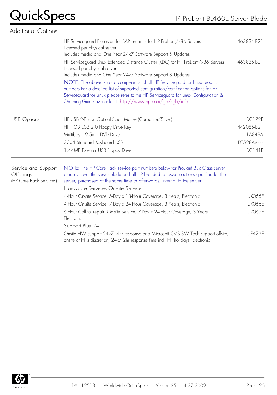 Quickspecs, Hp proliant bl460c server blade additional options | HP ProLiant Server Blade BL460c User Manual | Page 26 / 31