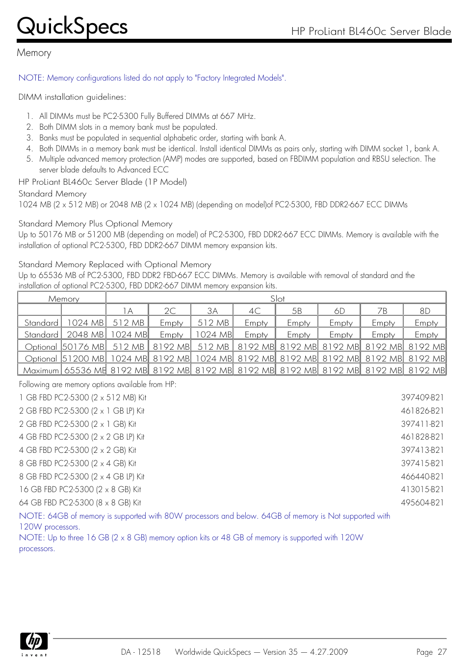 Memory, Quickspecs | HP ProLiant Server Blade BL460c User Manual | Page 27 / 31
