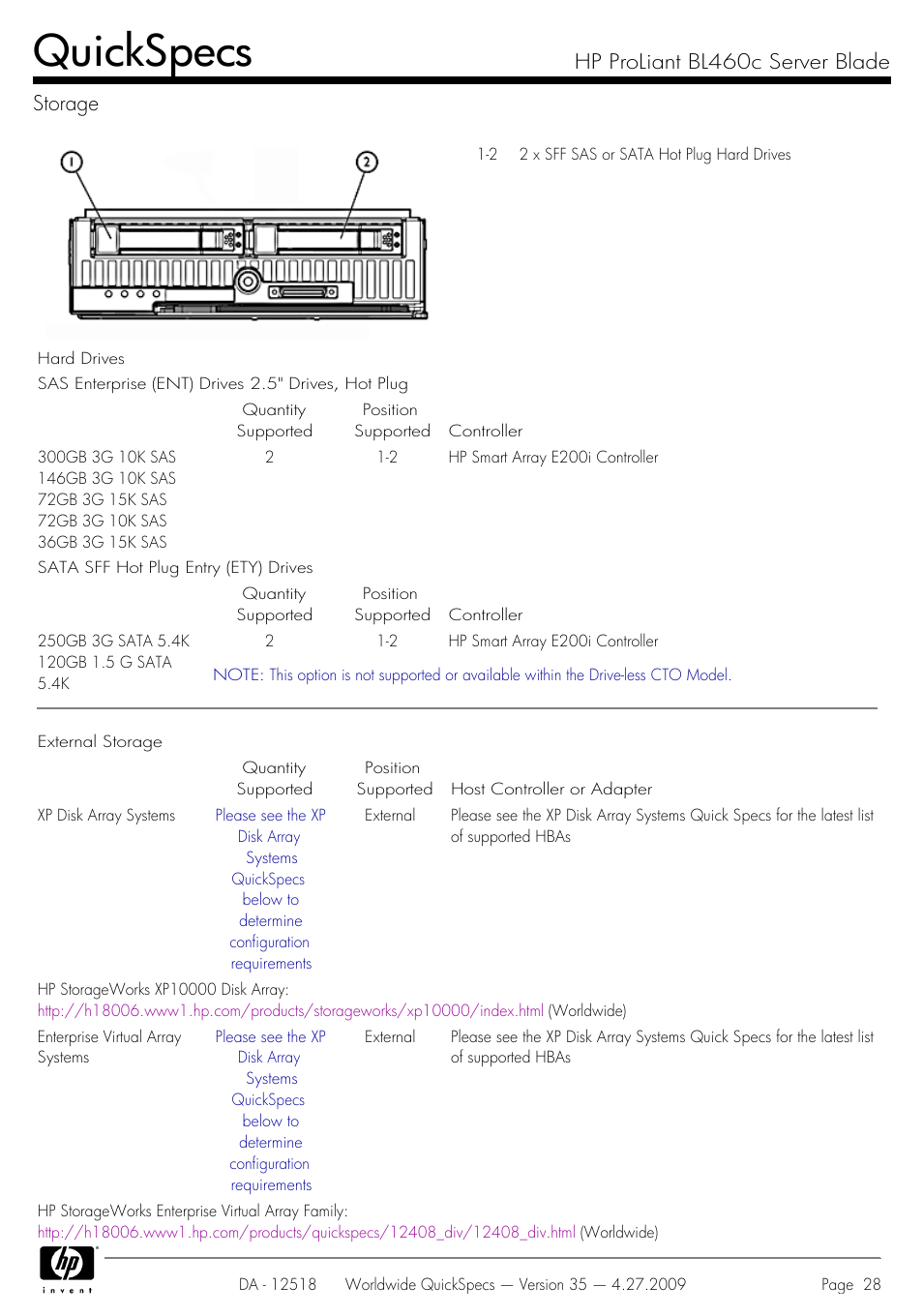 Storage, Quickspecs, Hp proliant bl460c server blade storage | HP ProLiant Server Blade BL460c User Manual | Page 28 / 31