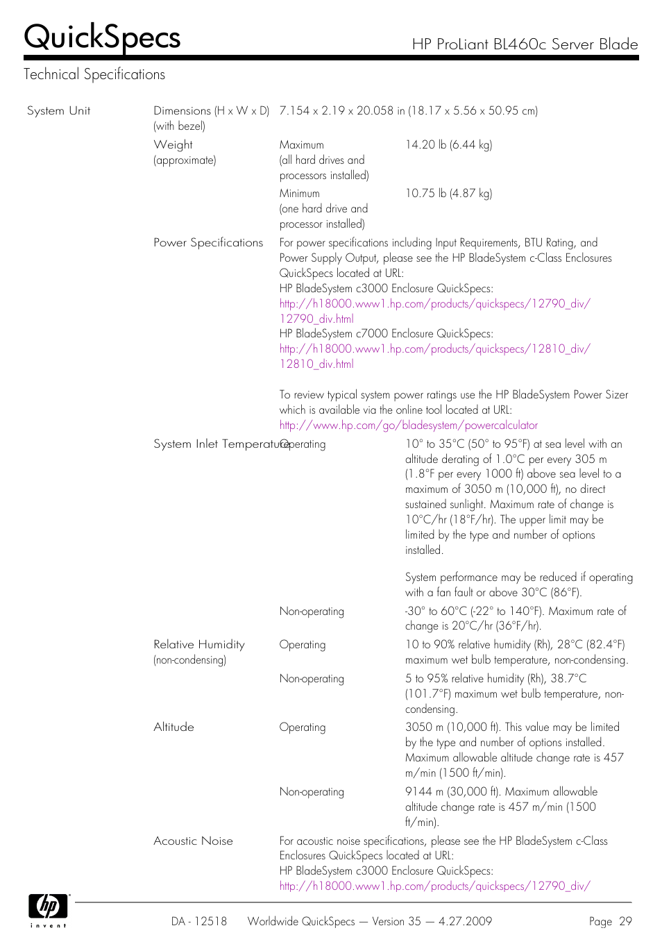 Technical specifications, Quickspecs | HP ProLiant Server Blade BL460c User Manual | Page 29 / 31
