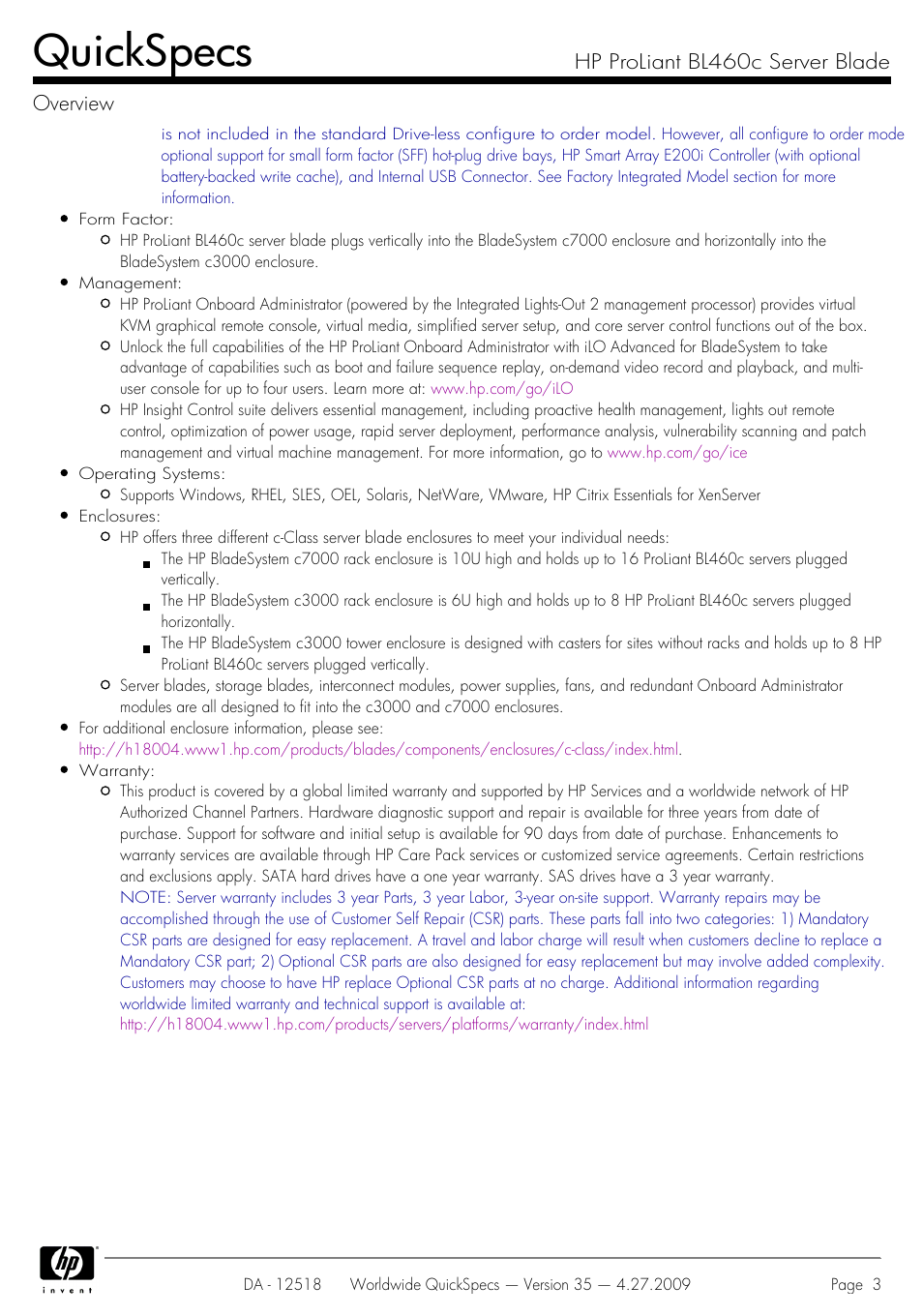 Quickspecs, Hp proliant bl460c server blade overview | HP ProLiant Server Blade BL460c User Manual | Page 3 / 31