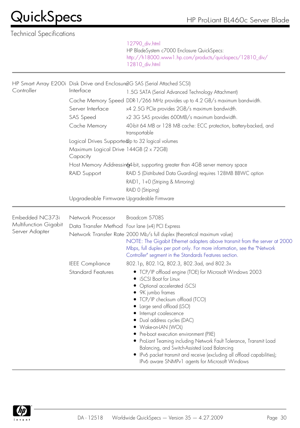 Quickspecs | HP ProLiant Server Blade BL460c User Manual | Page 30 / 31