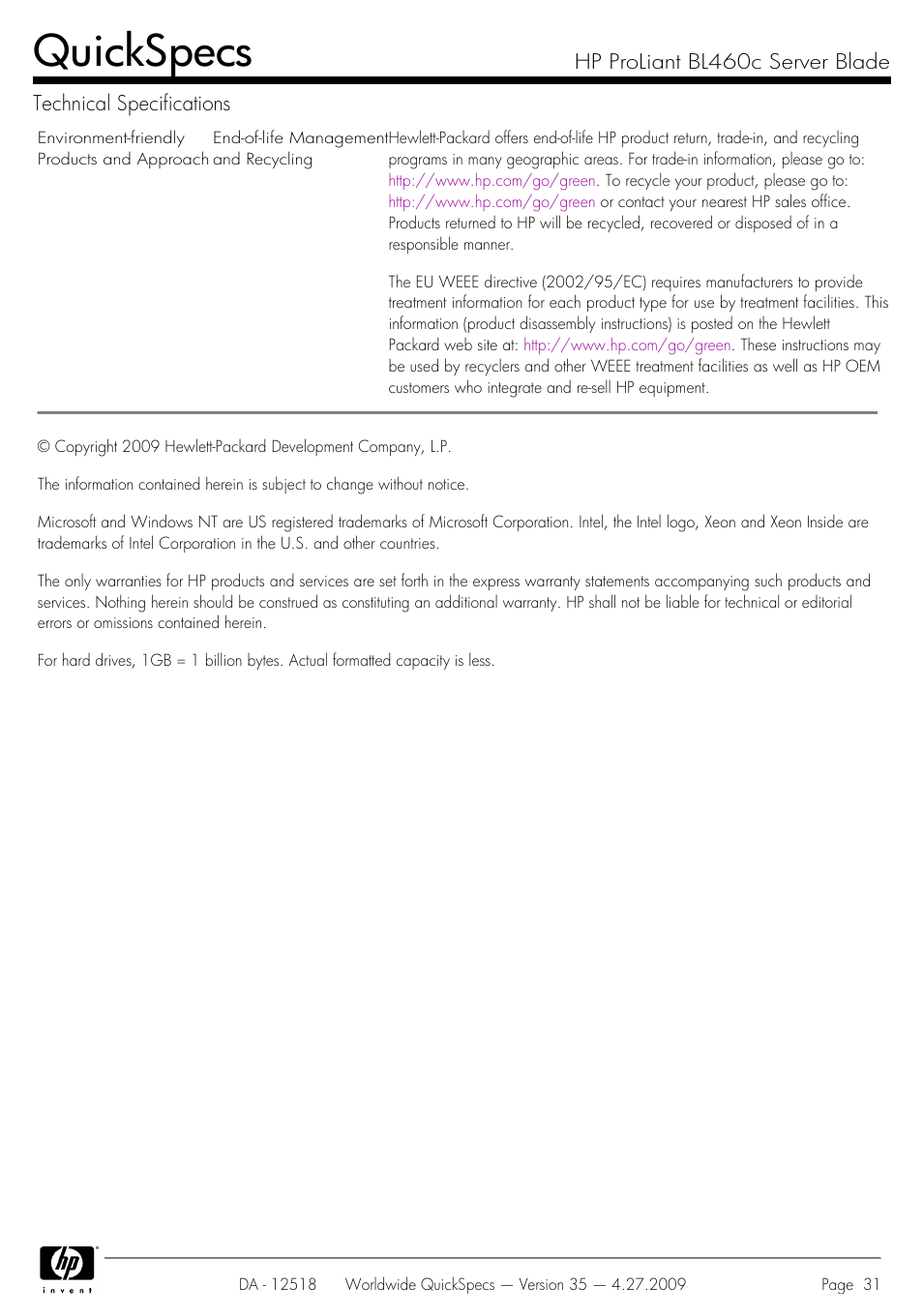 Quickspecs | HP ProLiant Server Blade BL460c User Manual | Page 31 / 31