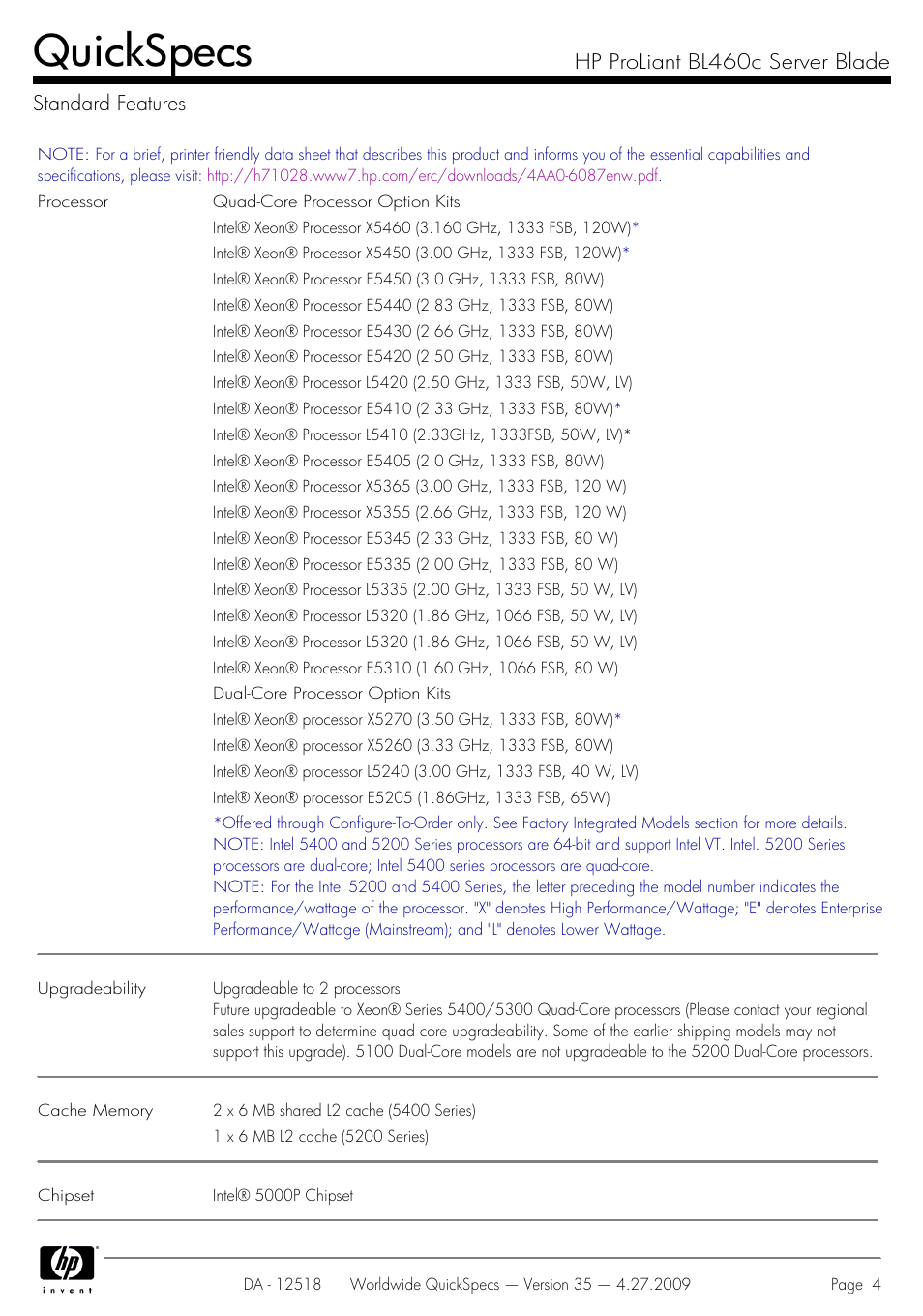 Standard features, Quickspecs, Hp proliant bl460c server blade standard features | HP ProLiant Server Blade BL460c User Manual | Page 4 / 31