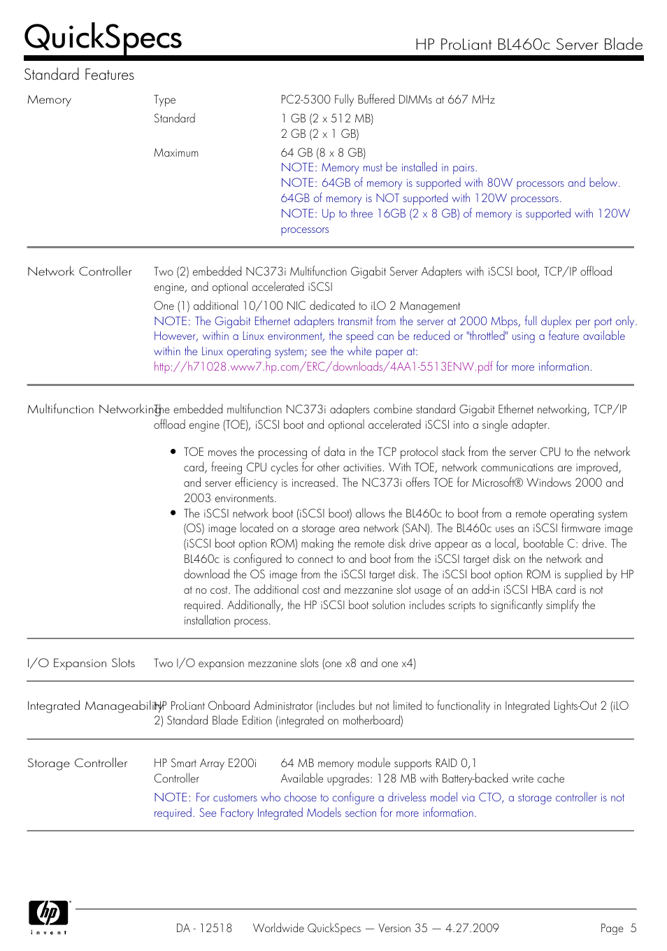 Quickspecs, Hp proliant bl460c server blade standard features | HP ProLiant Server Blade BL460c User Manual | Page 5 / 31