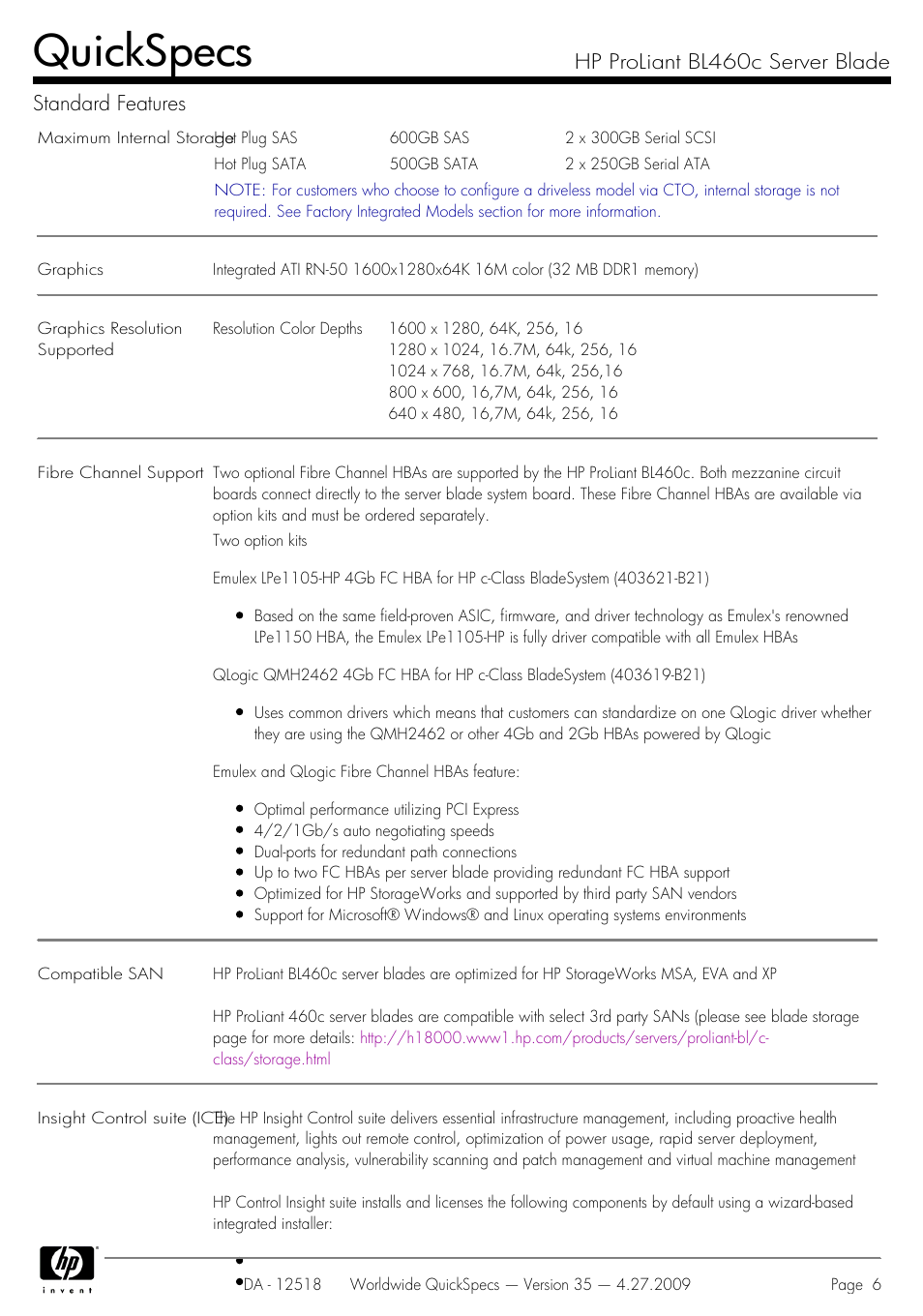 Quickspecs, Hp proliant bl460c server blade standard features | HP ProLiant Server Blade BL460c User Manual | Page 6 / 31