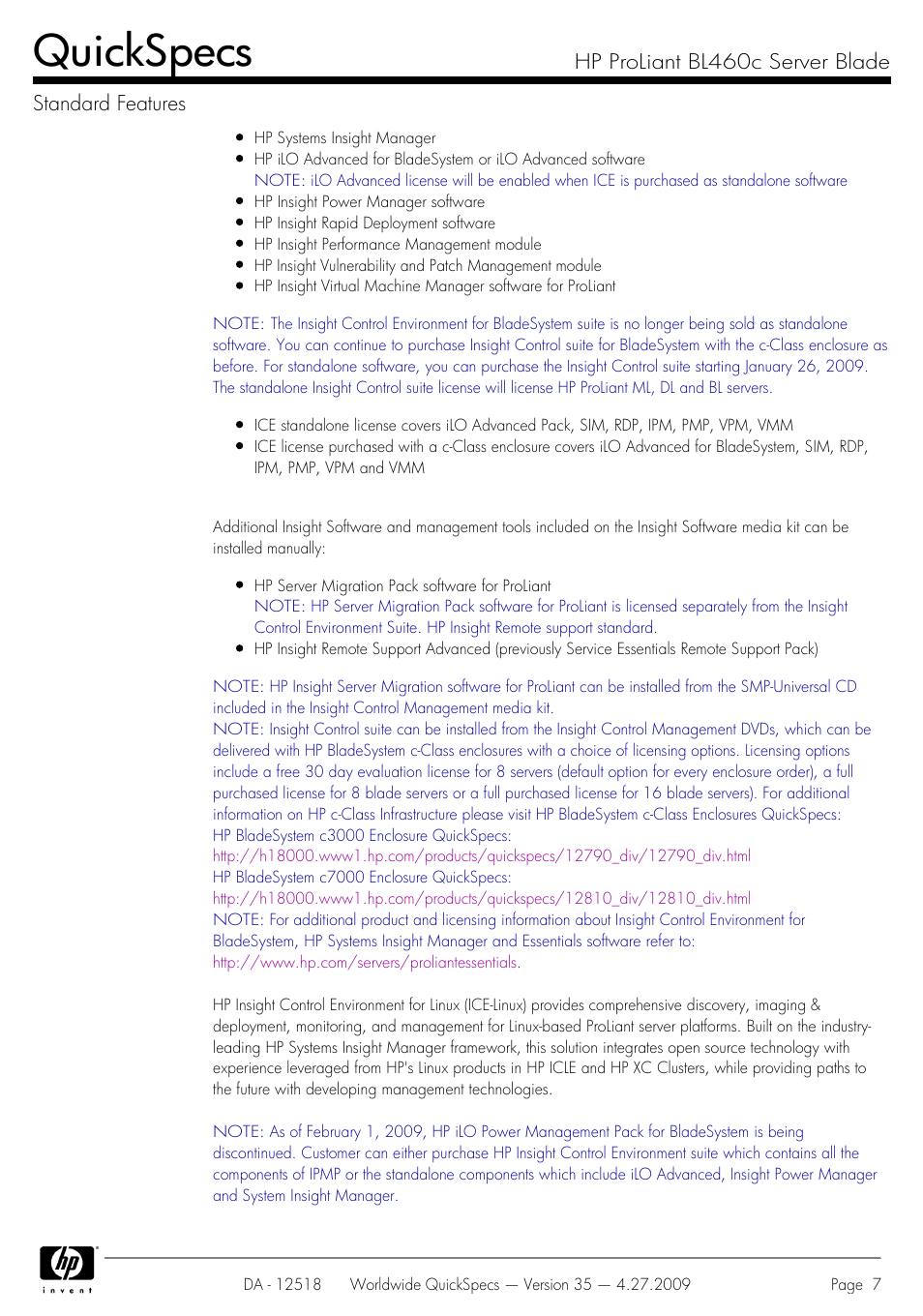 Quickspecs | HP ProLiant Server Blade BL460c User Manual | Page 7 / 31