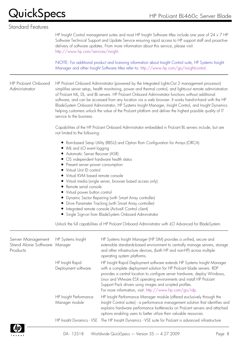 Quickspecs, Hp proliant bl460c server blade standard features | HP ProLiant Server Blade BL460c User Manual | Page 8 / 31