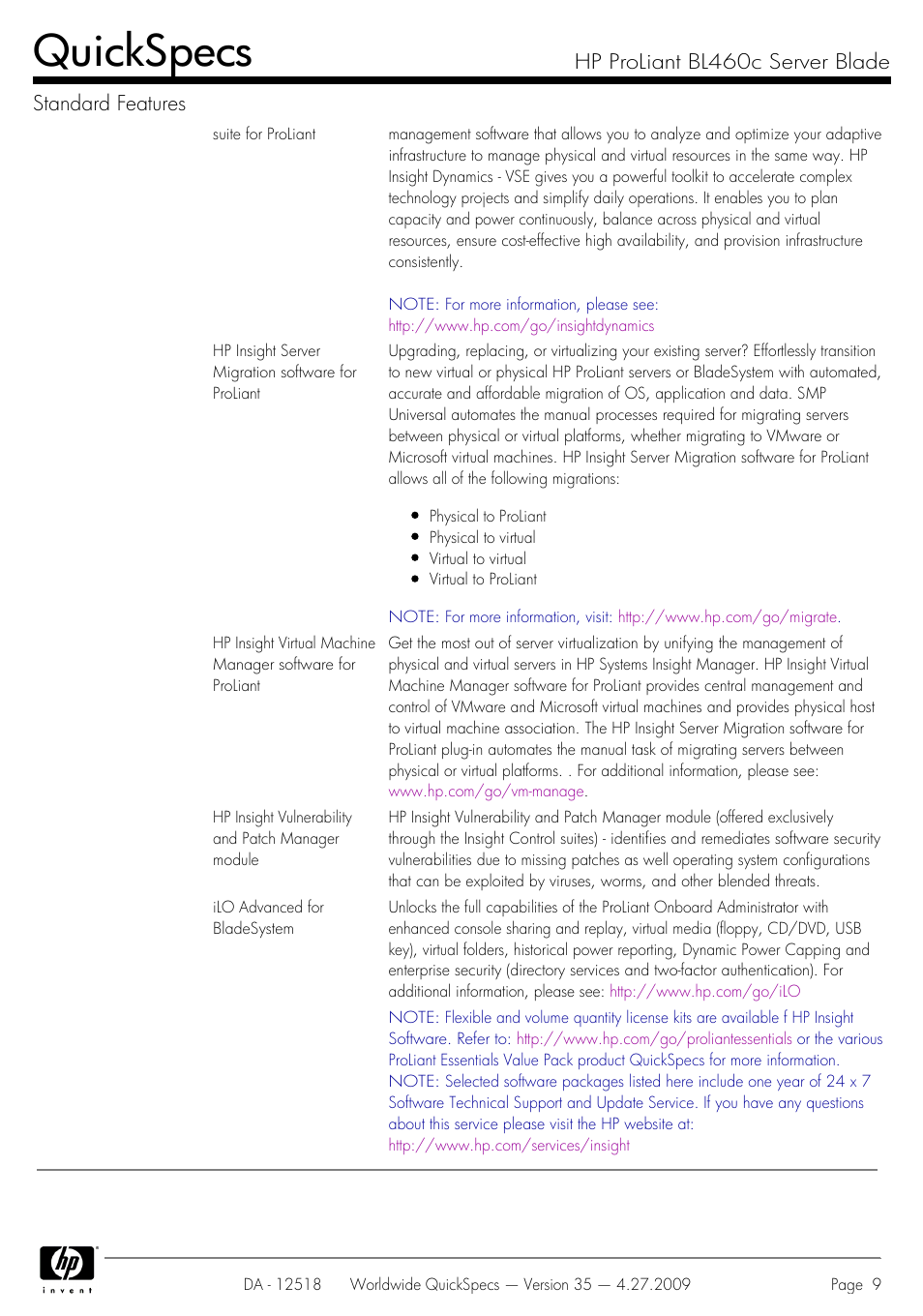 Quickspecs, Hp proliant bl460c server blade standard features | HP ProLiant Server Blade BL460c User Manual | Page 9 / 31