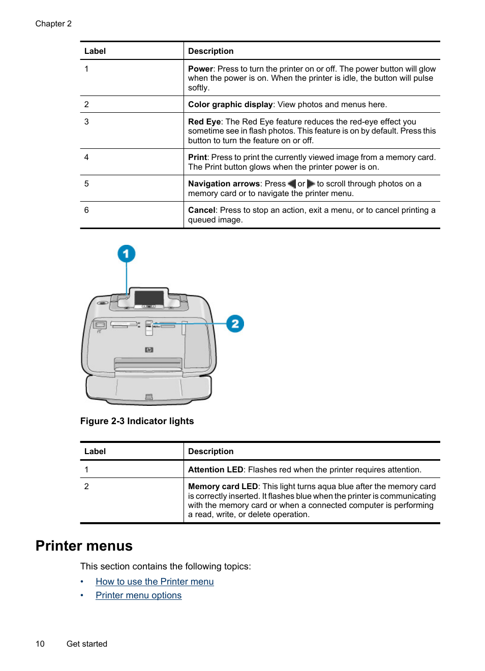 Printer menus, How to use the printer menu printer menu options | HP Photosmart A520 Series User Manual | Page 11 / 72