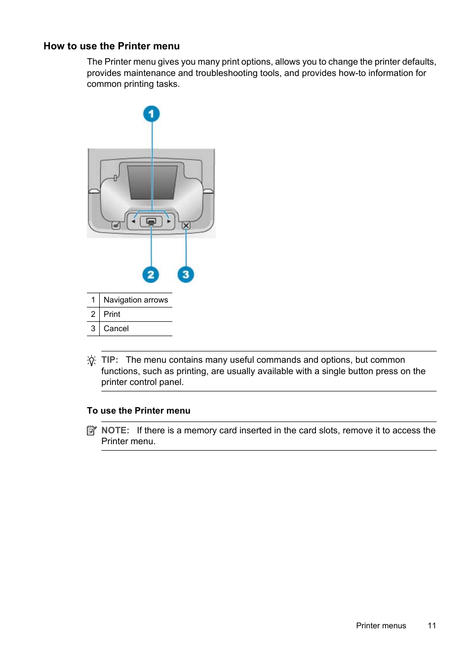 How to use the printer menu | HP Photosmart A520 Series User Manual | Page 12 / 72