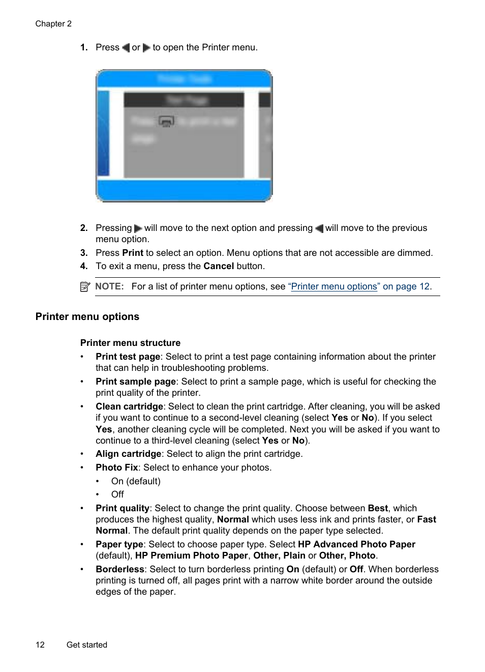 Printer menu options | HP Photosmart A520 Series User Manual | Page 13 / 72