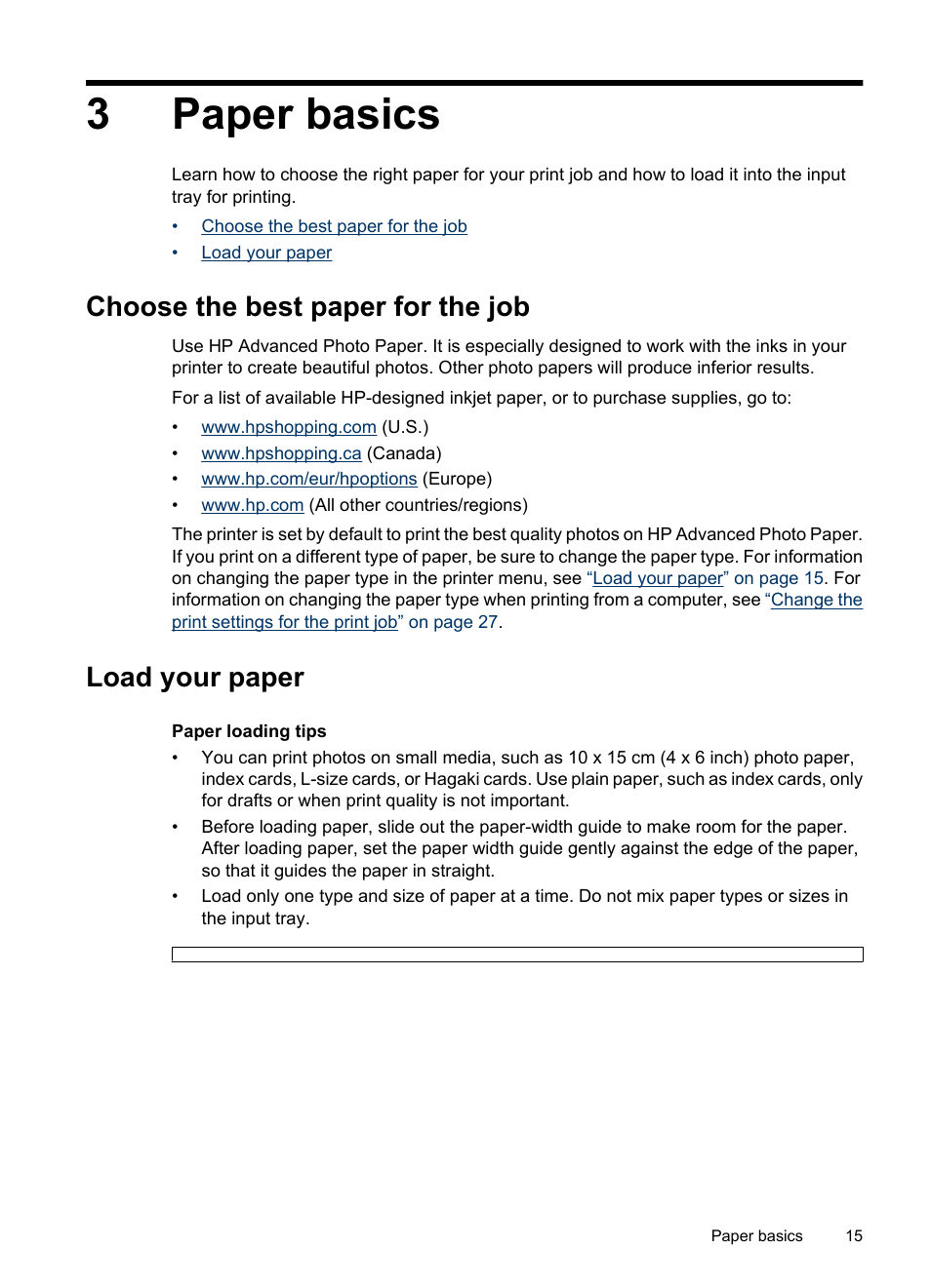 Paper basics, Choose the best paper for the job, Load your paper | 3 paper basics, Choose the best paper for the job load your paper, 3paper basics | HP Photosmart A520 Series User Manual | Page 16 / 72