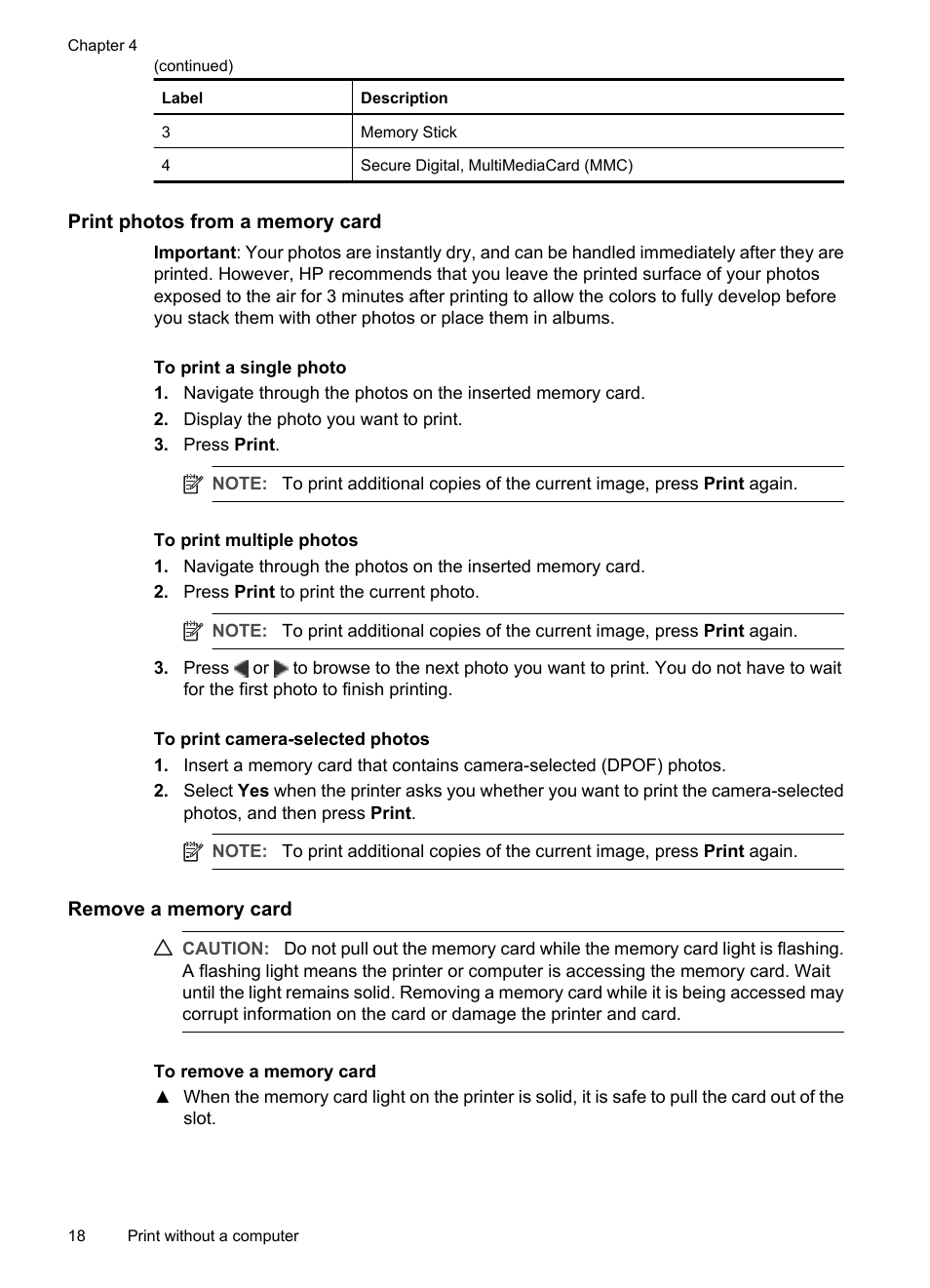 Print photos from a memory card, Remove a memory card | HP Photosmart A520 Series User Manual | Page 19 / 72