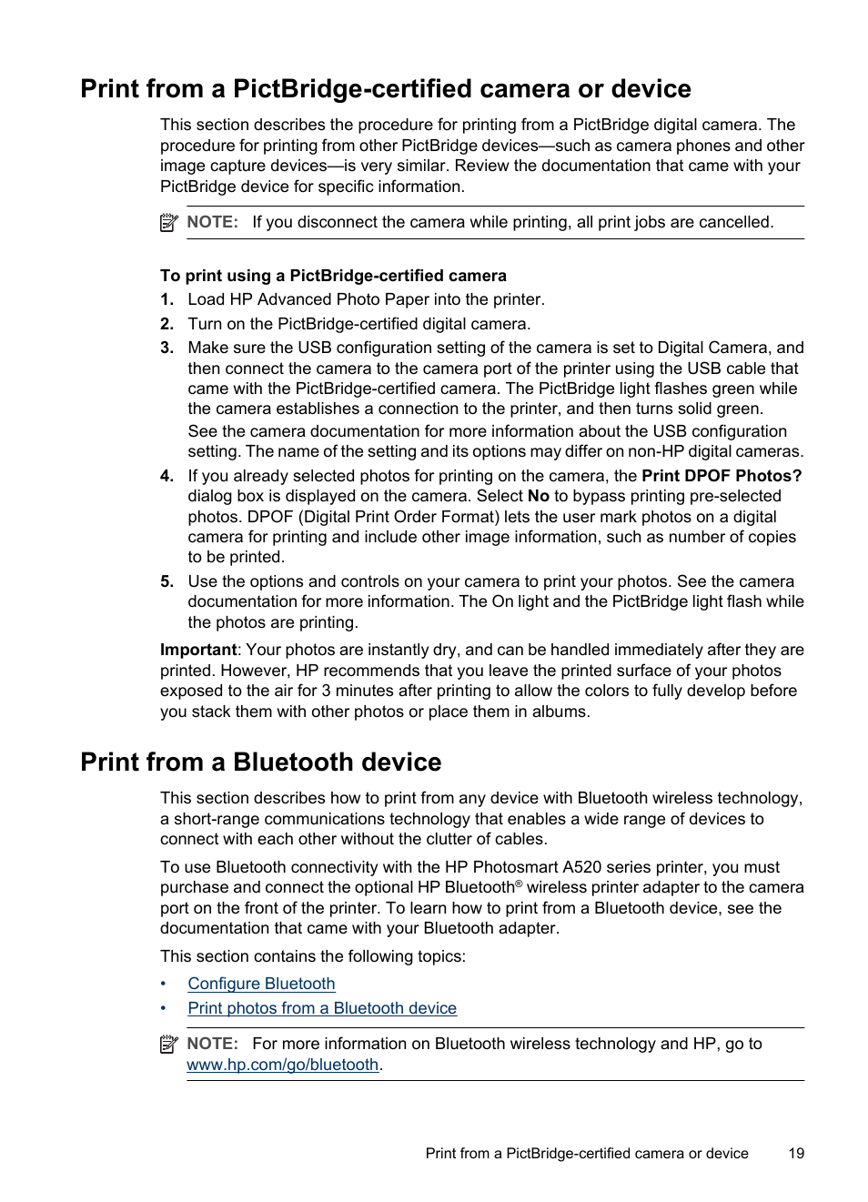 Print from a pictbridge-certified camera or device, Print from a bluetooth device | HP Photosmart A520 Series User Manual | Page 20 / 72