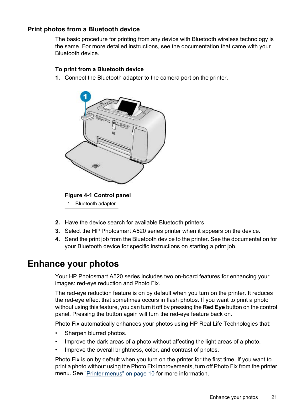 Print photos from a bluetooth device, Enhance your photos | HP Photosmart A520 Series User Manual | Page 22 / 72