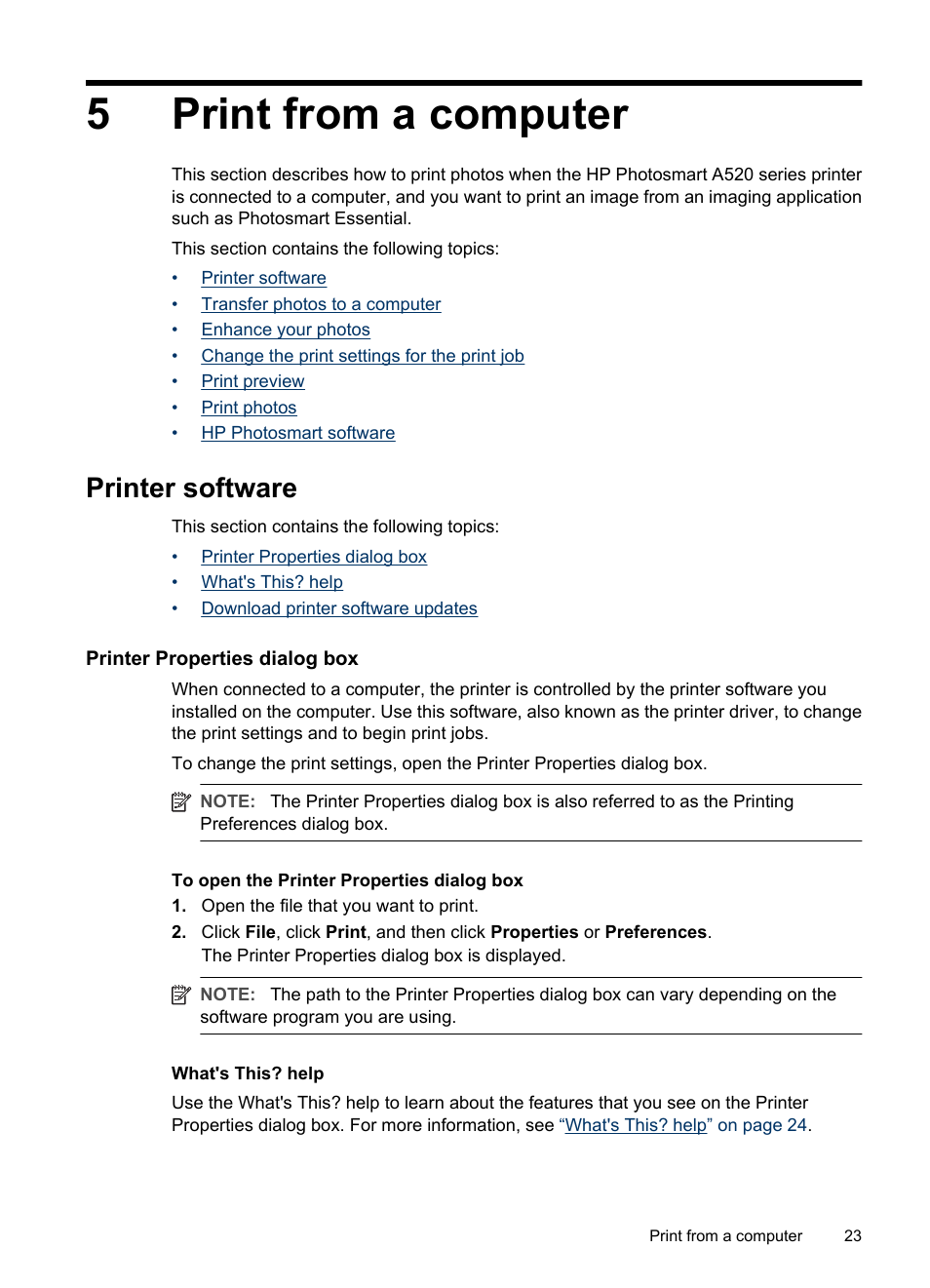 Print from a computer, Printer software, Printer properties dialog box | 5 print from a computer, 5print from a computer | HP Photosmart A520 Series User Manual | Page 24 / 72