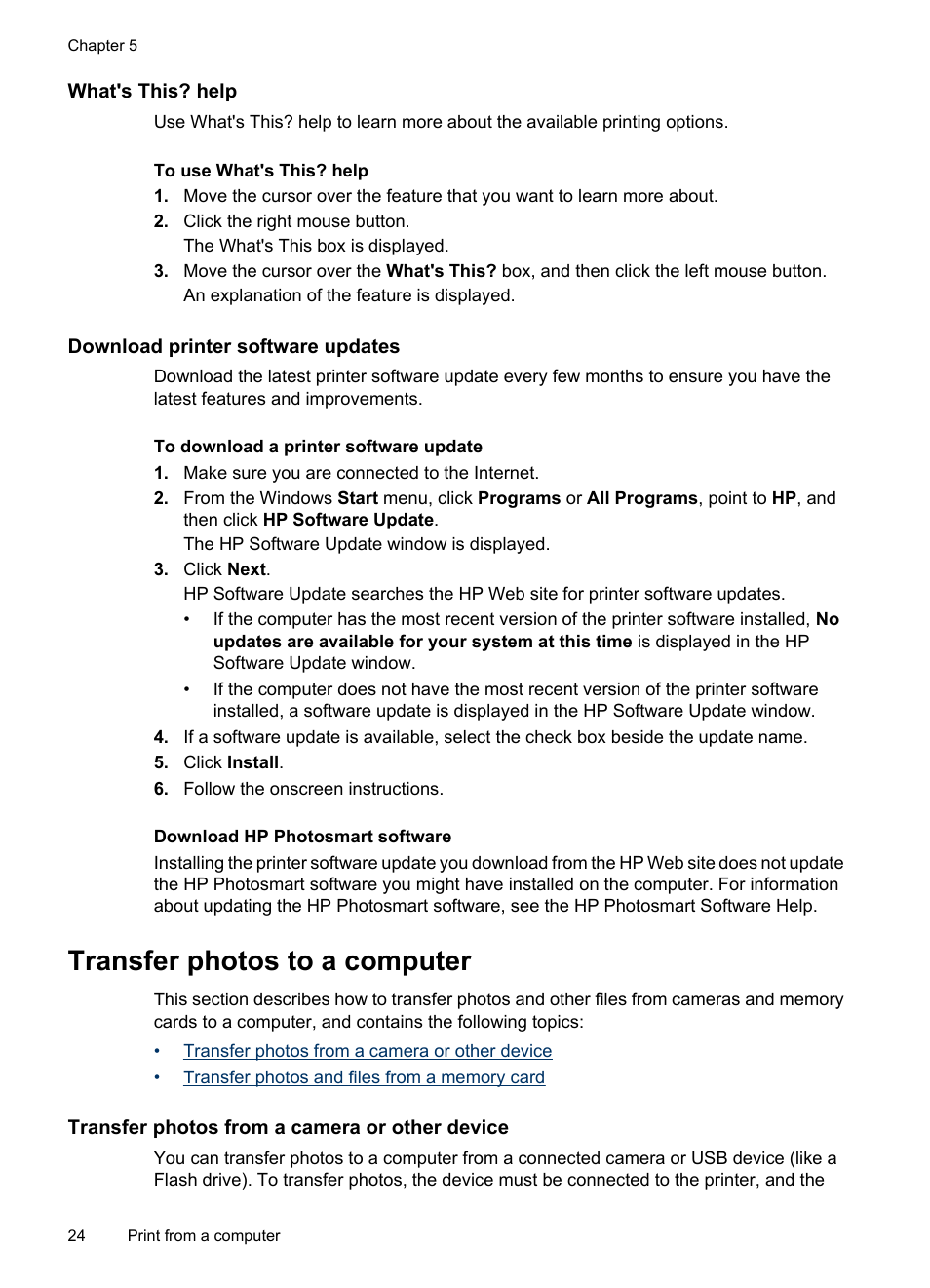 What's this? help, Download printer software updates, Transfer photos to a computer | Transfer photos from a camera or other device | HP Photosmart A520 Series User Manual | Page 25 / 72