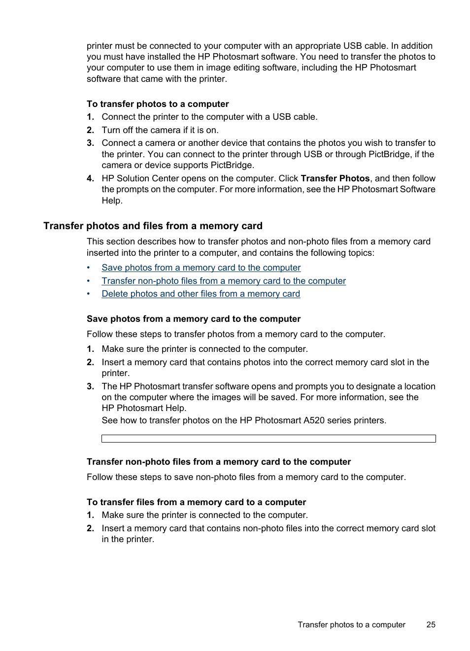 Transfer photos and files from a memory card, Save photos from a memory card to the computer | HP Photosmart A520 Series User Manual | Page 26 / 72