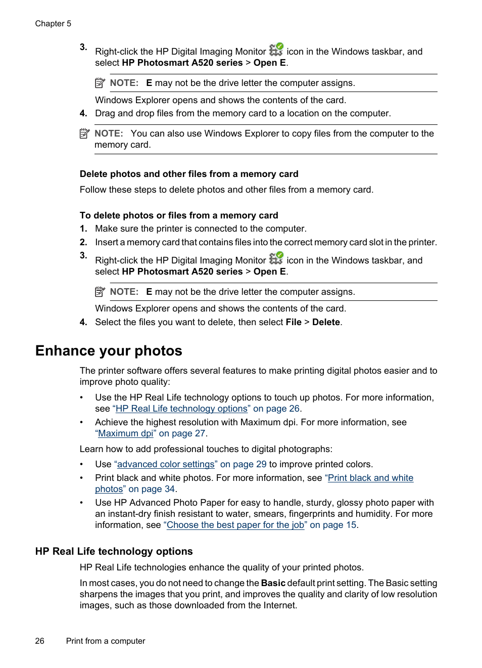 Delete photos and other files from a memory card, Enhance your photos, Hp real life technology options | Hp real life technology options maximum dpi | HP Photosmart A520 Series User Manual | Page 27 / 72